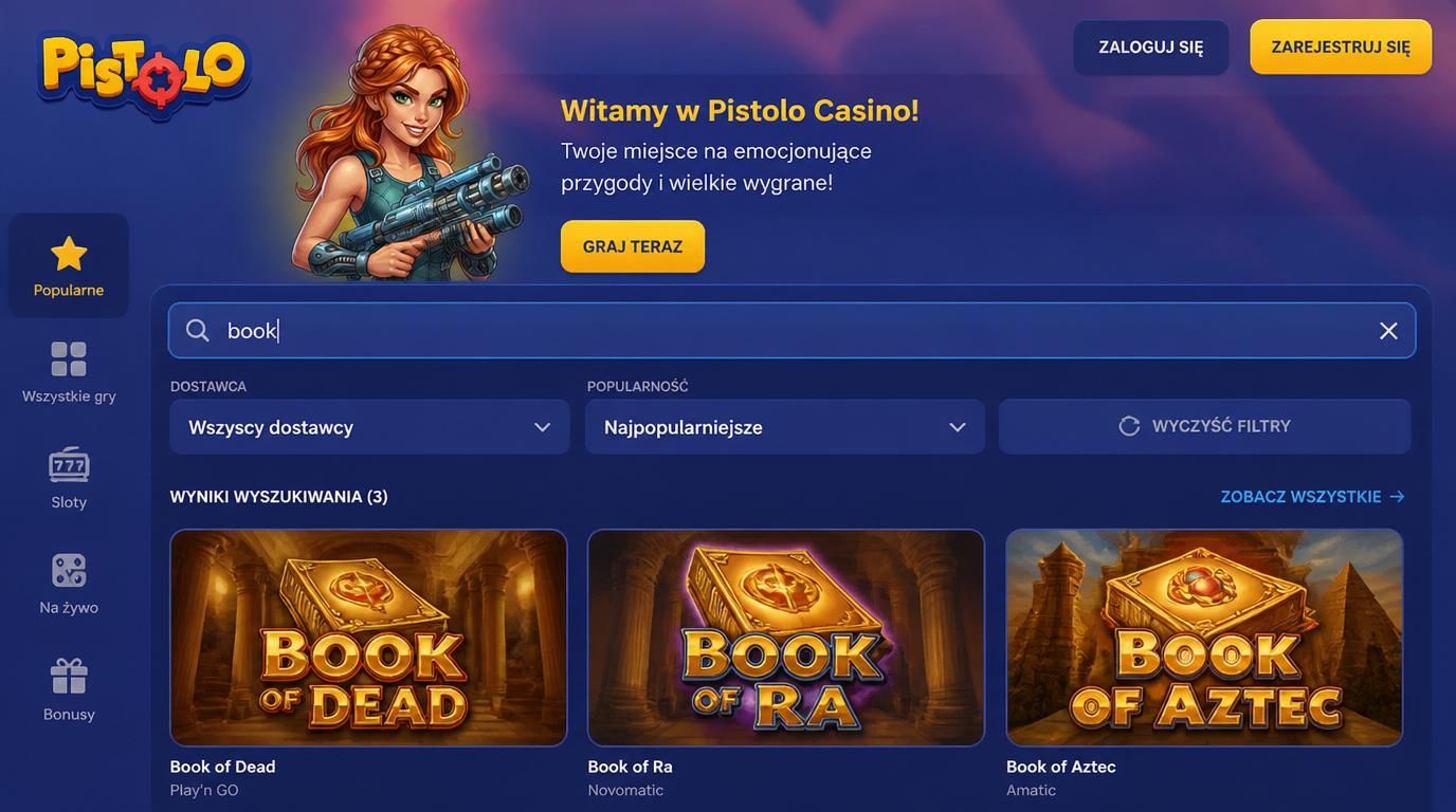 Wyszukiwarka w aplikacji Pistolo z filtrami