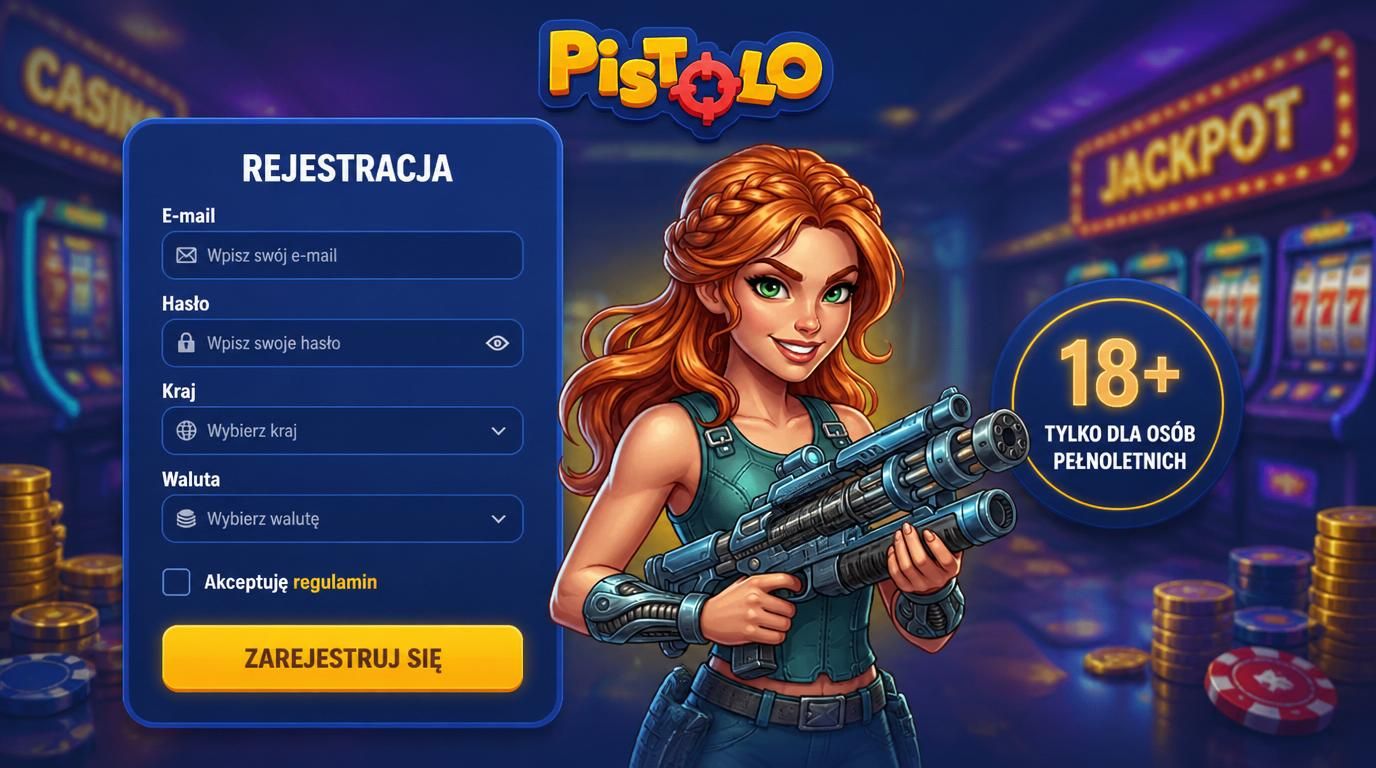Formularz rejestracji w Pistolo Casino z polskimi polami, regulamin i potwierdzenie pełnoletności.