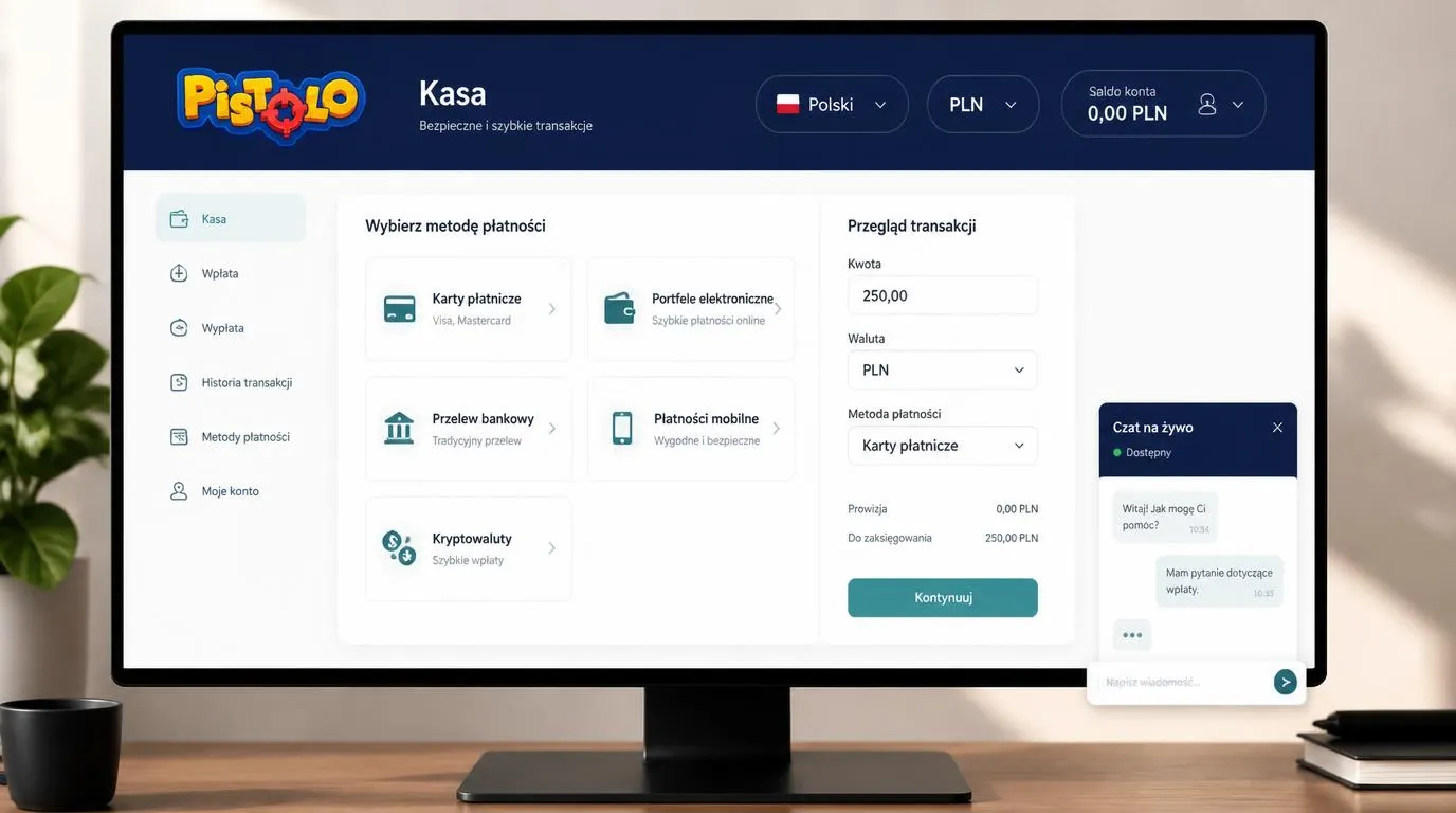 Panel kasy z saldem w PLN, wyborem języka polskiego, metodami płatności i oknem czatu