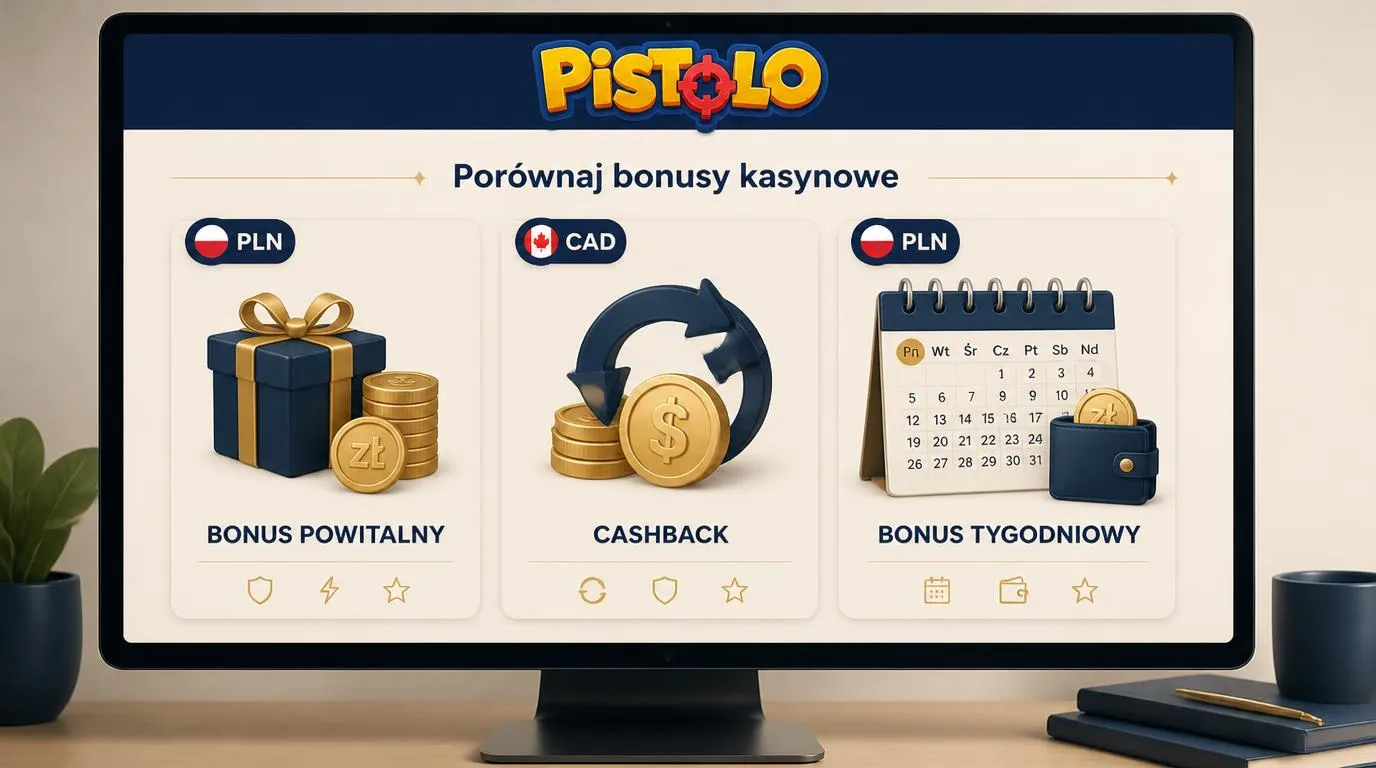 Trzy karty bonusów kasynowych z prezentem powitalnym, symbolem cashbacku i kalendarzem poniedziałkowym